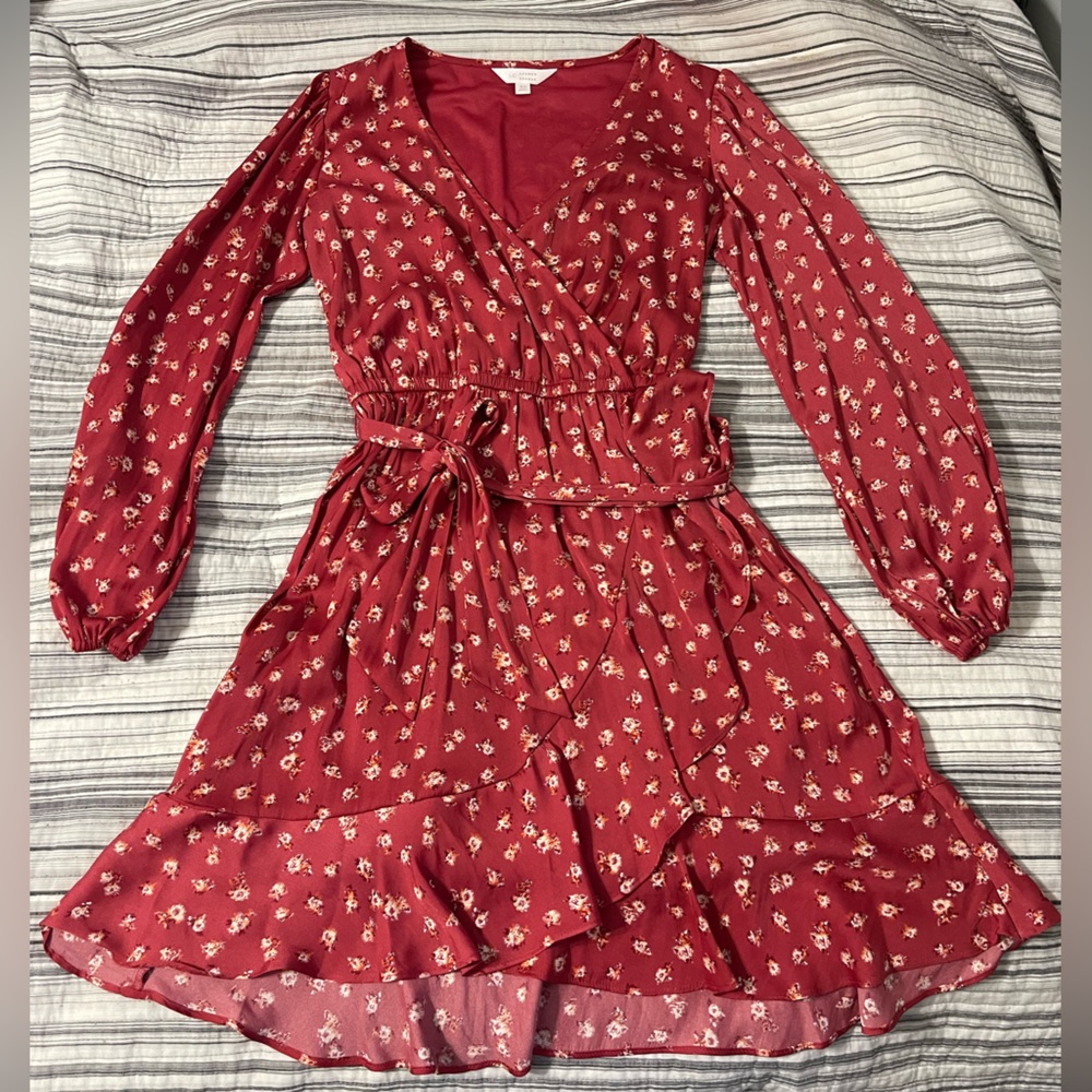 LC Lauren Conrad Red Tie Front Ruffled Long Sleeve Dress